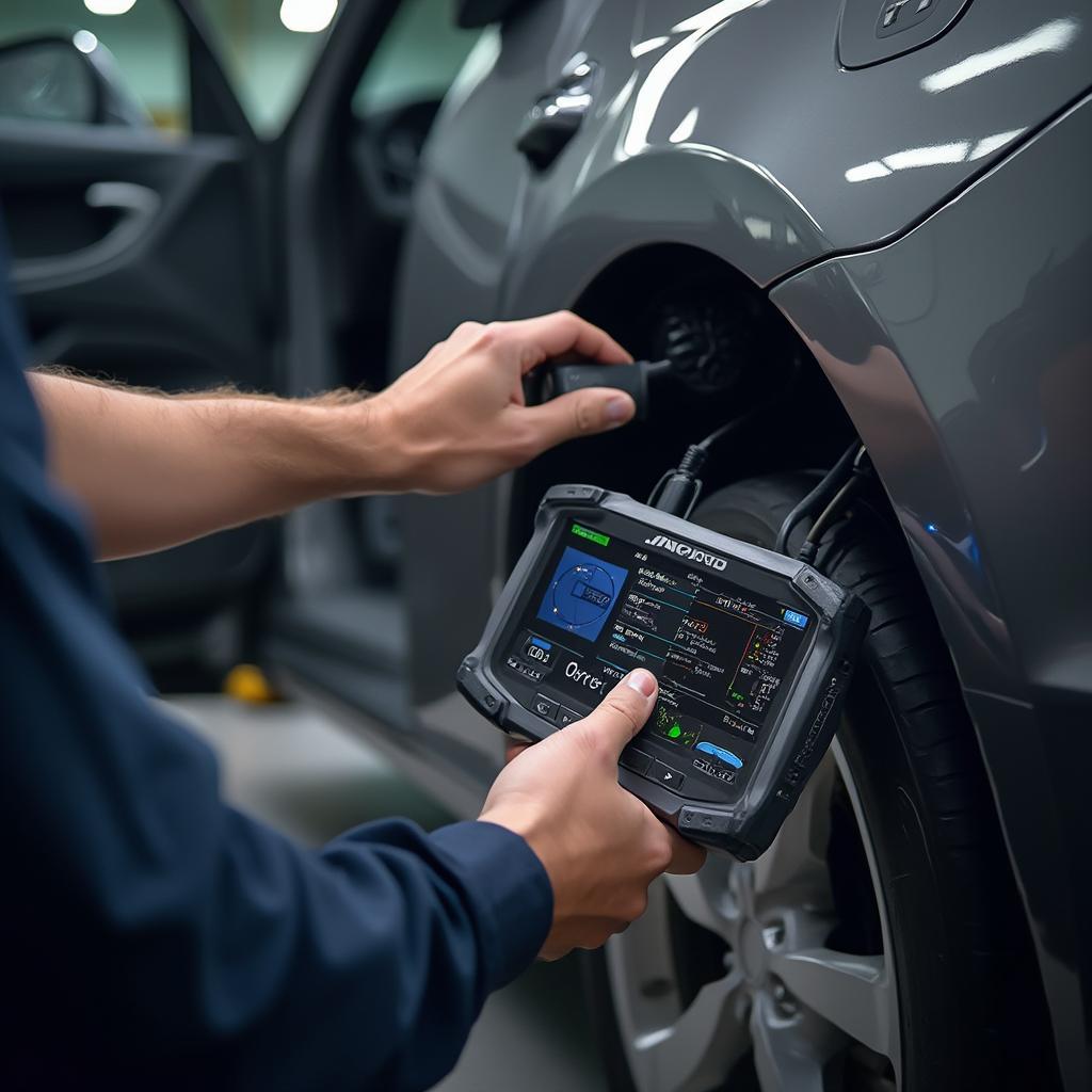 Mechanic using the ILX-F309 OBD2 Scanner in a workshop