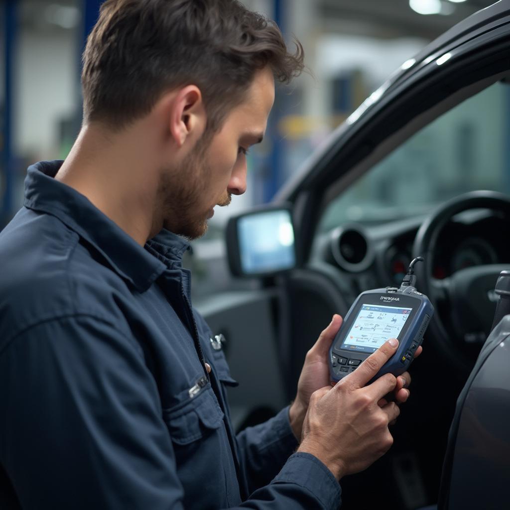 Mechanic Using an Innova OBD2 Scan Tool to Diagnose a Car