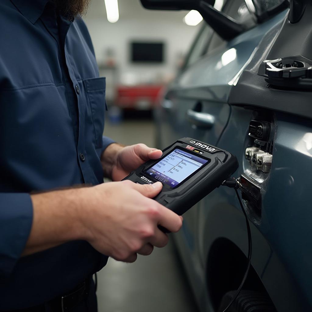 A mechanic utilizes an Innova OBD2 scanner to pinpoint the source of a car issue.