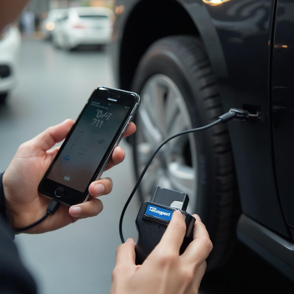 Mechanic Using iPhone WiFi OBD2 Cable to Diagnose Car