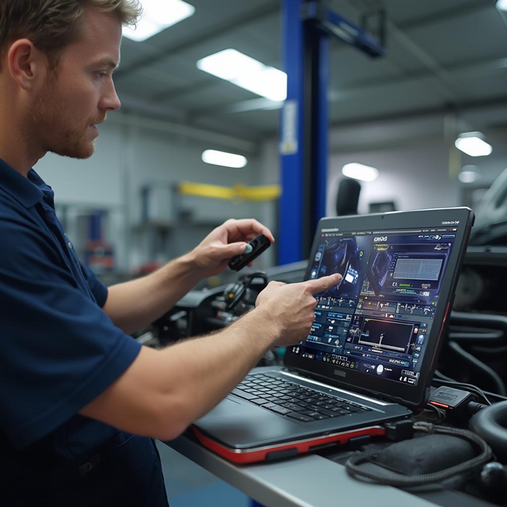 Mechanic Using J2534 Pass-Thru Device in Workshop