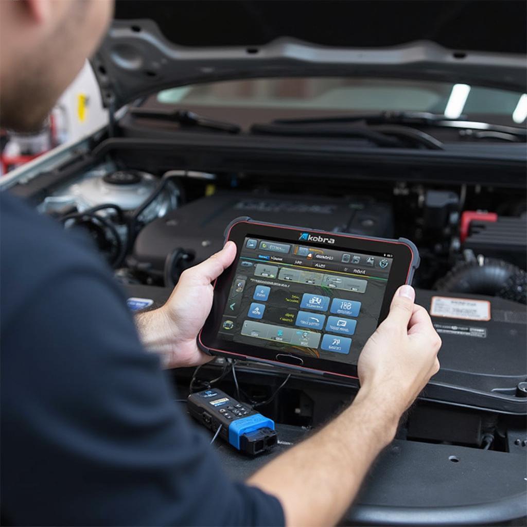 Mechanic using the Kobra Mini OBD2 Scanner to diagnose a car problem