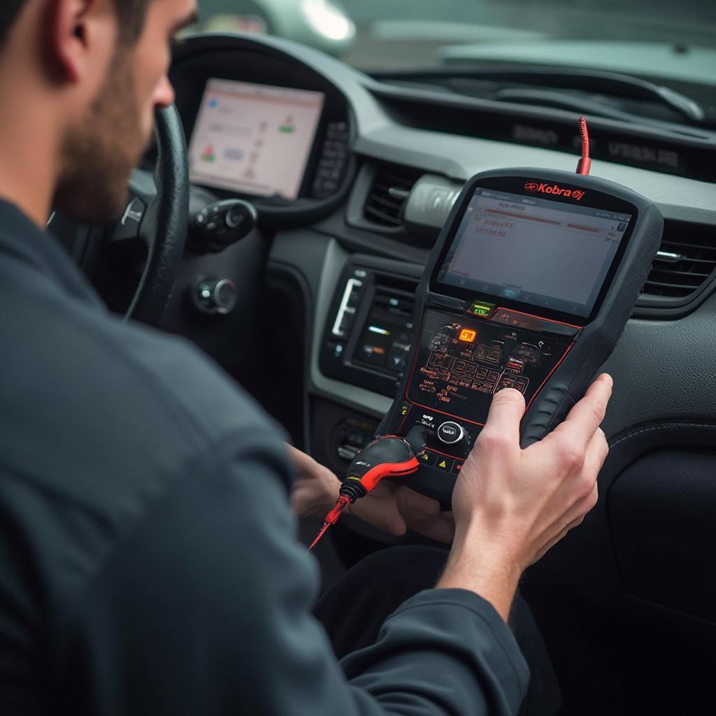 Mechanic Using a Kobra OBD2 Scanner to Diagnose a Car