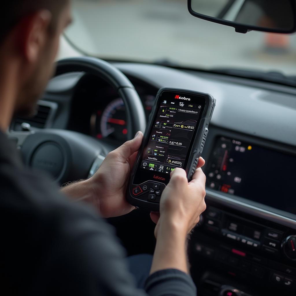 Mechanic using a Kobra OBD2 scanner for car diagnostics