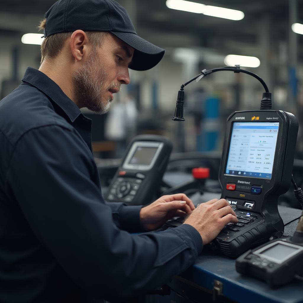 Mechanic Using KW850 OBD2 Scanner in Workshop