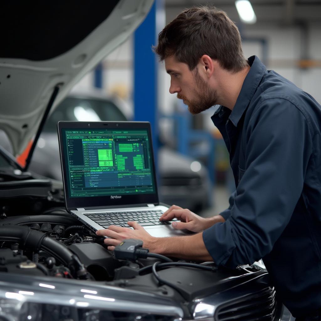 Mechanic Using Laptop OBD2 Software to Diagnose Car Problems