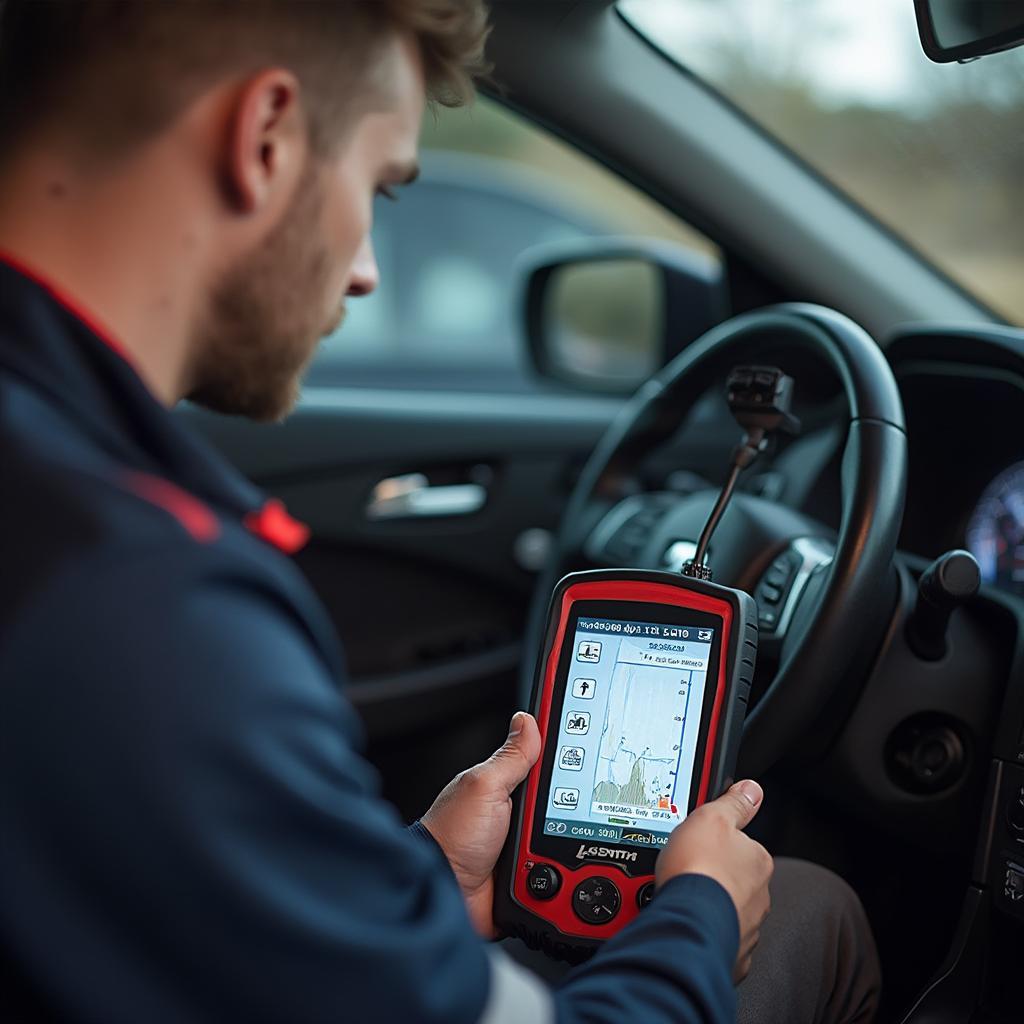 Mechanic using a Launch OBD2 scanner to diagnose a car