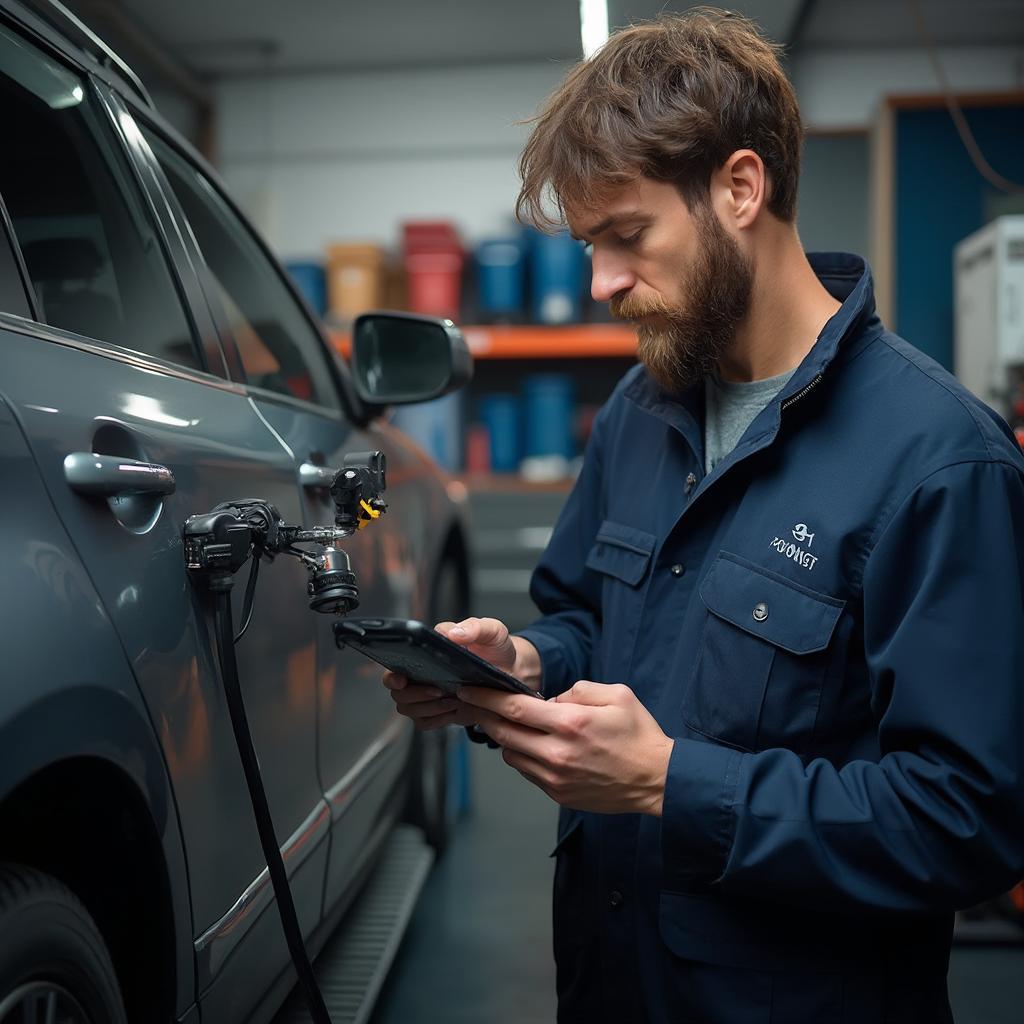 Mechanic Using Launch OBD2 Tablet for Diagnostics in Workshop