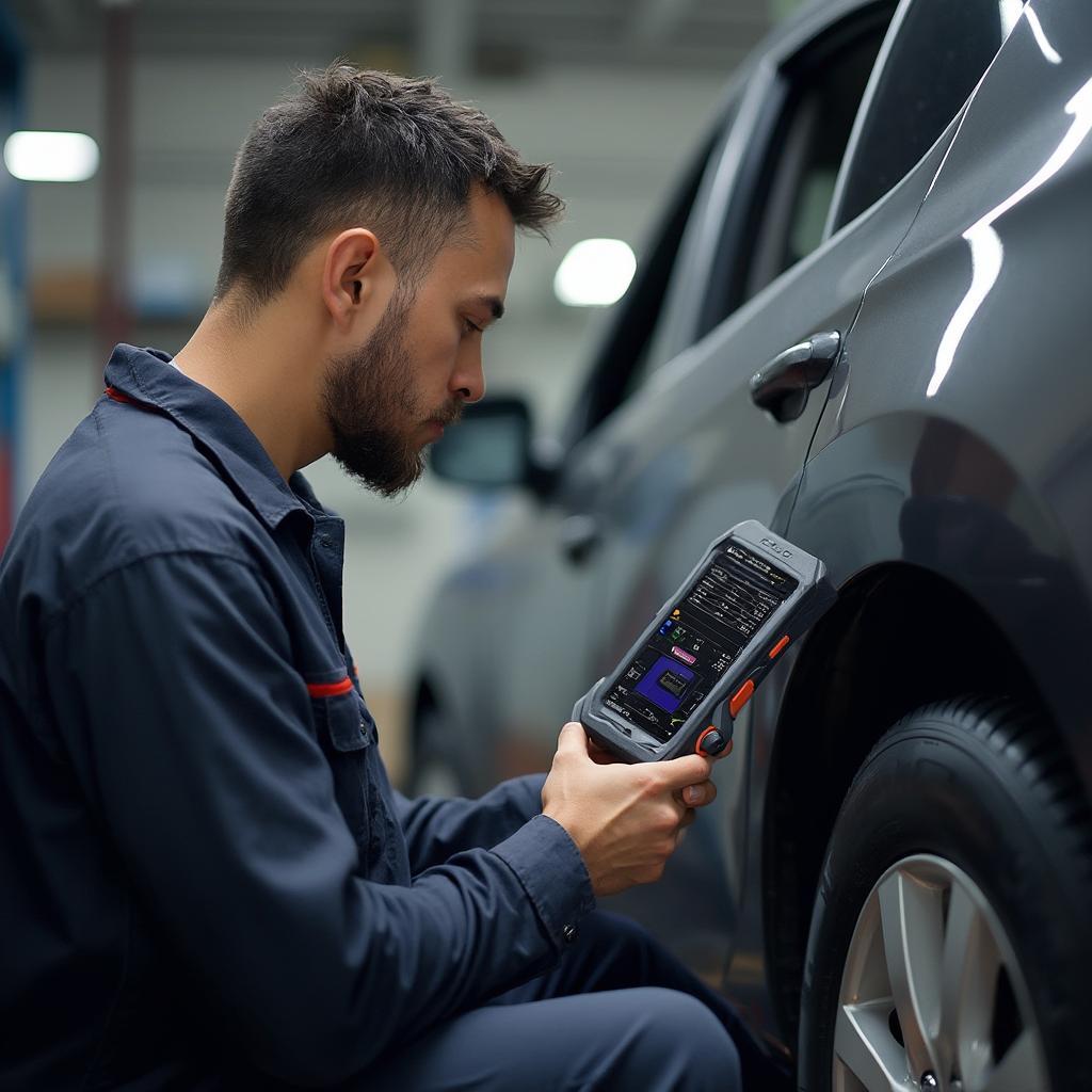 A mechanic using the Launch X431 CRP123 OBD2 Español to diagnose a car.