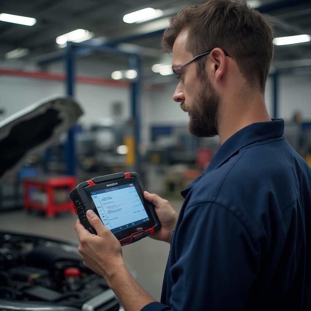 Mechanic Using Maxiscan OBD2 WiFi Scanner in a Workshop