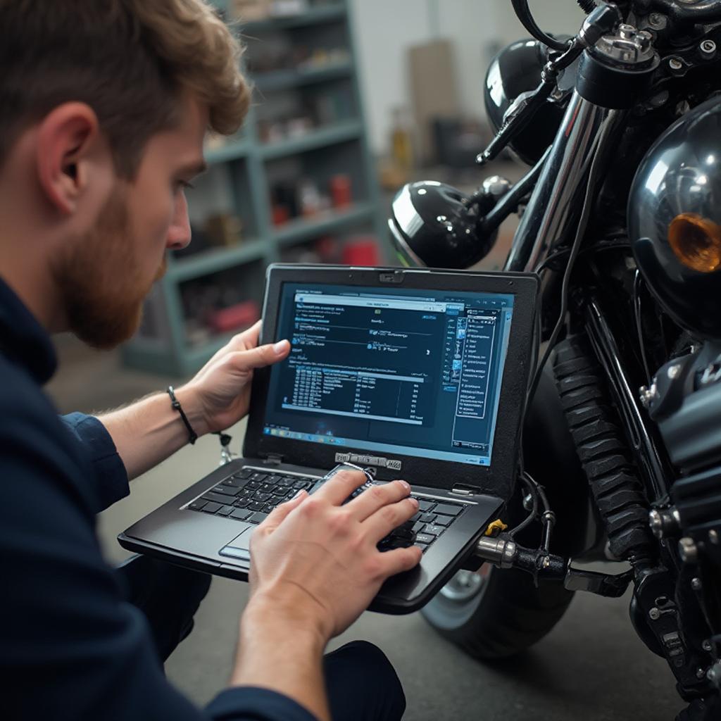 Mechanic Using Motorcycle OBD2 Software on a Bike