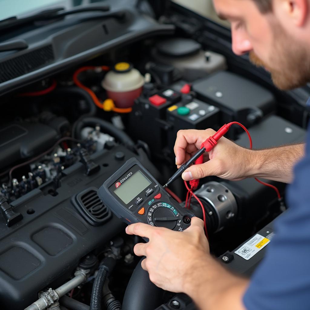 Mechanic Using Multimeter for Car Diagnostics