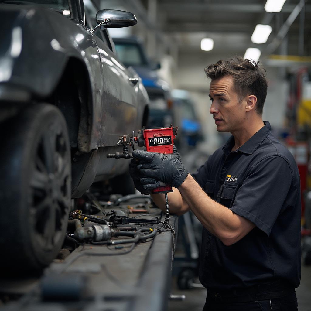 A mechanic using the Napa Code Hammer OBD2 scanner in a professional workshop setting.