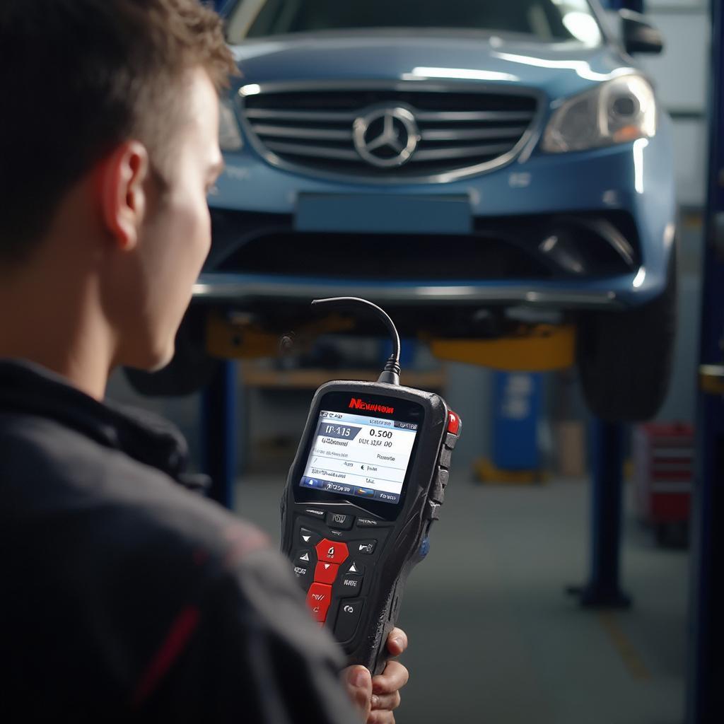 Mechanic diagnosing a car using a Newnow OBD2 scanner