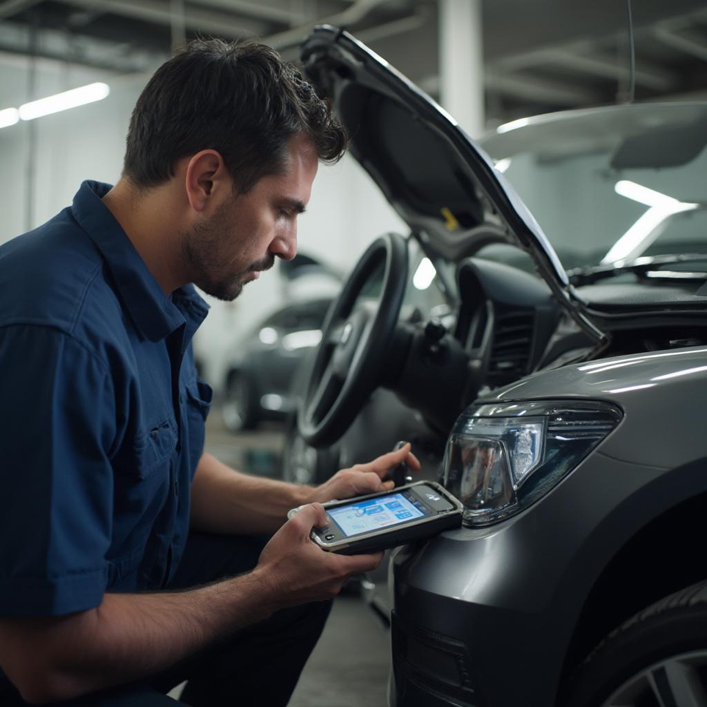 Mechanic Using NT630 OBD2 Reader in Garage