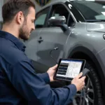 Mechanic Using OBD2 Advanced Bluetooth Scanner in Workshop