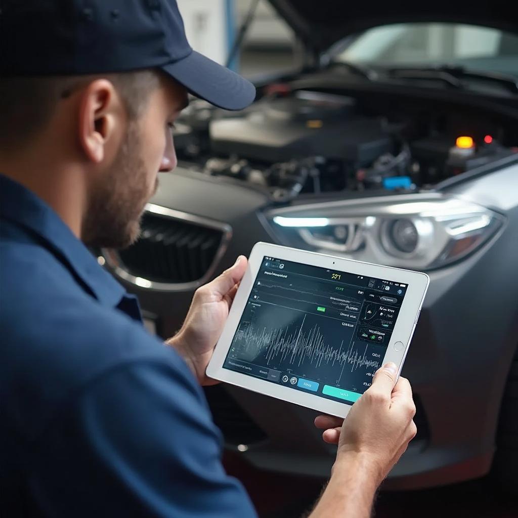 Mechanic Using a Bluetooth OBD2 App on a Tablet