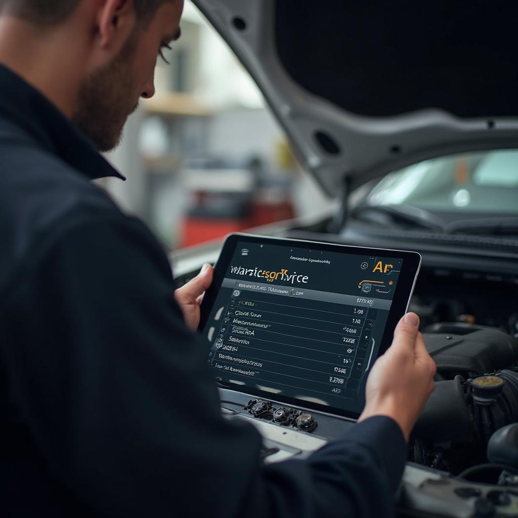 Mechanic using OBD2 App on Tablet