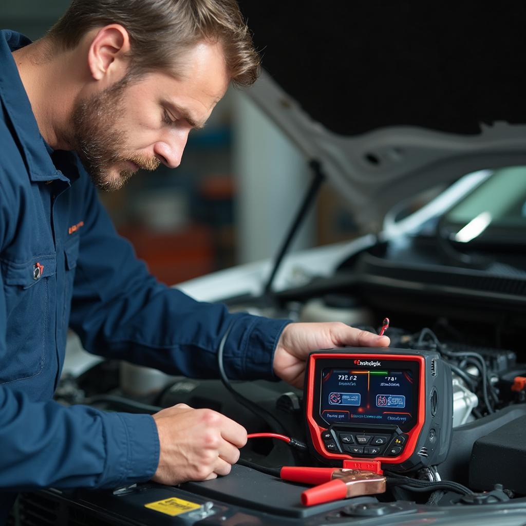 Mechanic Using OBD2 Battery Saver During Car Repair