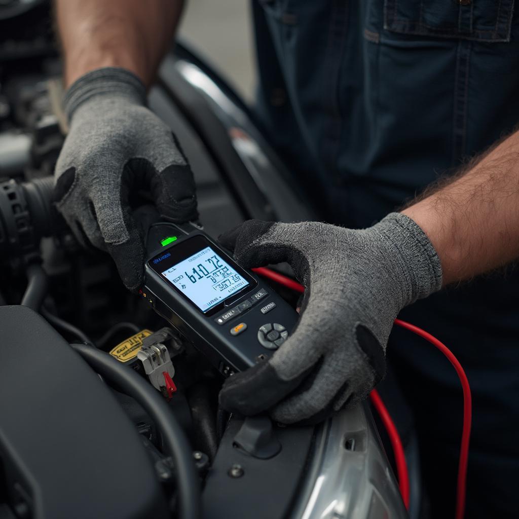 Mechanic using OBD2 Battery Tester