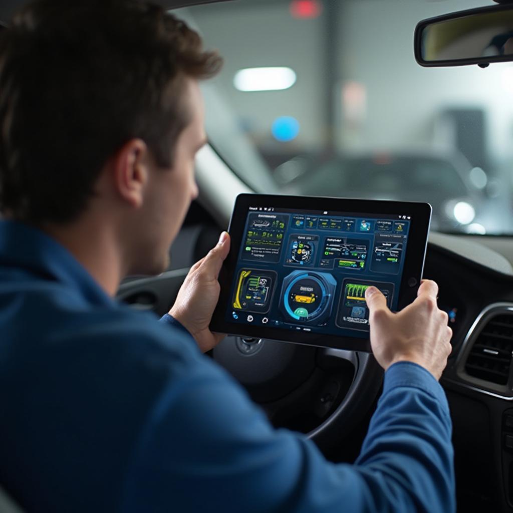 Mechanic using OBD2 BLE on a tablet