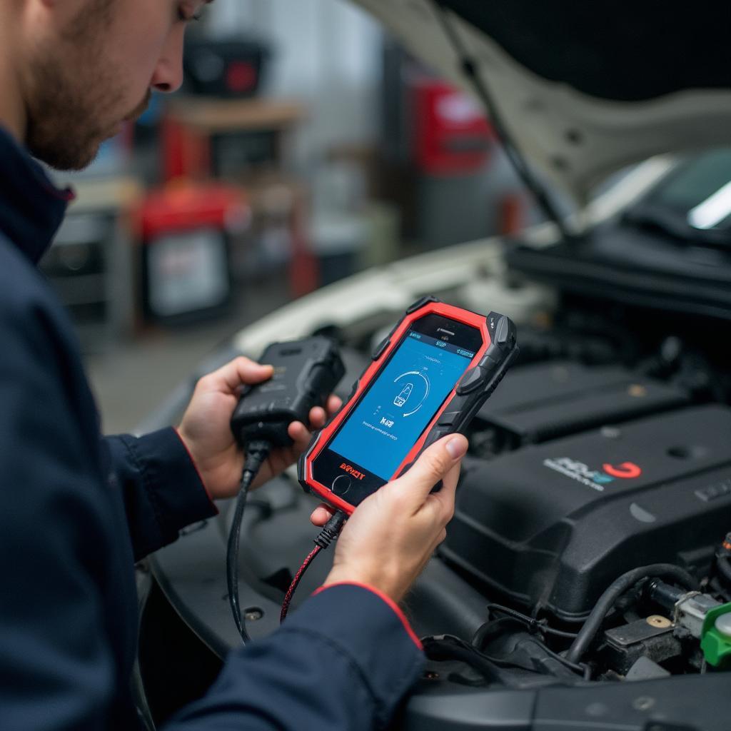 Mechanic Using an OBD2 Bluetooth Adapter in a Workshop