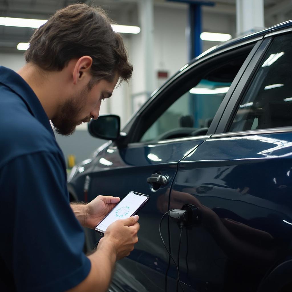 Mechanic using OBD2 Bluetooth adapter and iPhone to diagnose car