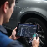 Mechanic Using an OBD2 Bluetooth Adapter with ABS to Diagnose a Car