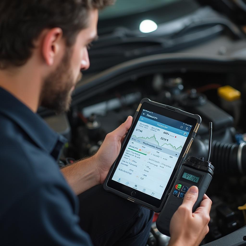 Mechanic Using OBD2 Bluetooth Code Reader