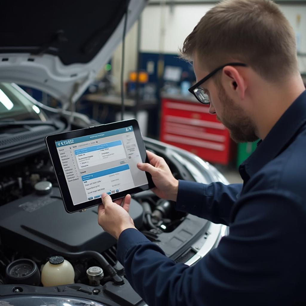 Mechanic Using an OBD2 Bluetooth Scanner in a Workshop