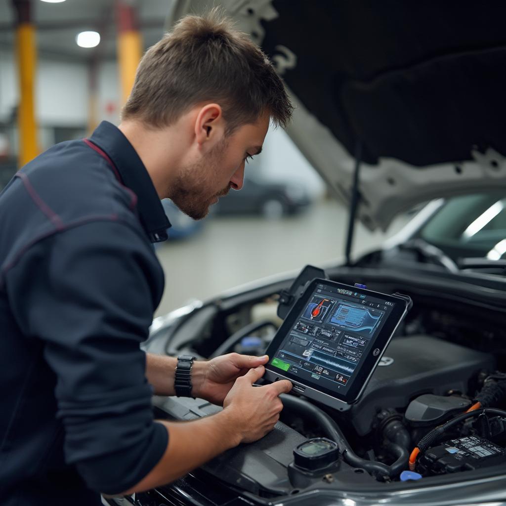 A mechanic using an OBD2 Bluetooth scanner to diagnose a car's engine.