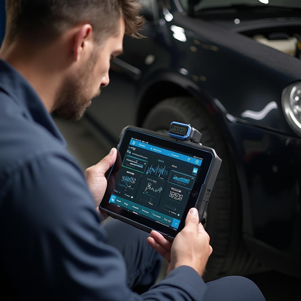 Mechanic Using OBD2 Bluetooth Scanner