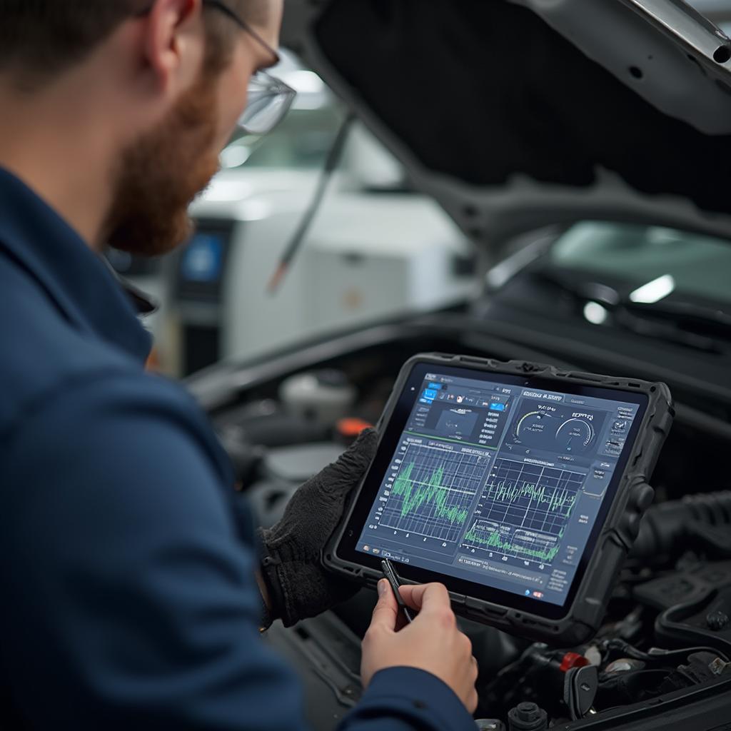 Mechanic Using OBD2 Bluetooth Scanner for Diagnostics