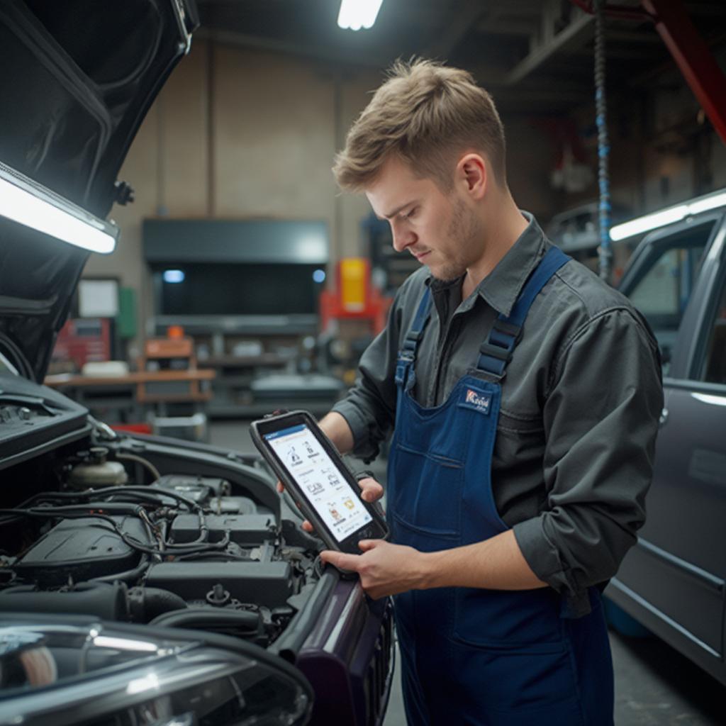 Mechanic Using OBD2 Bluetooth Scanner on a Volvo in a Garage