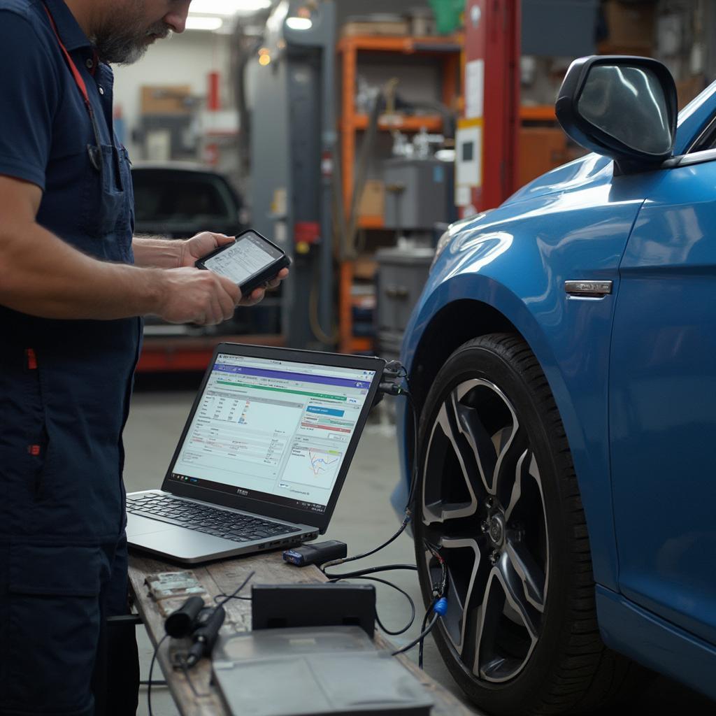 Mechanic Using OBD2 Cable in Workshop