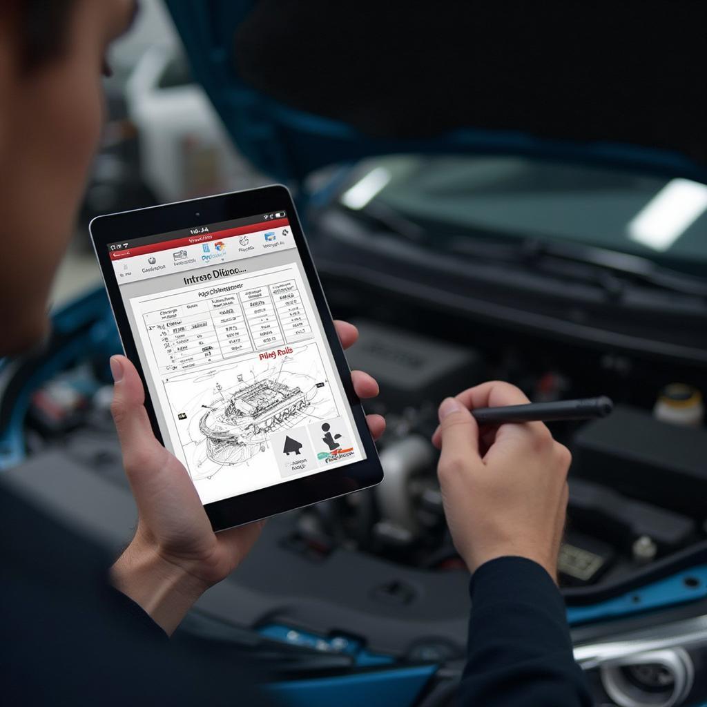 Mechanic using OBD2 code PDF on Tablet