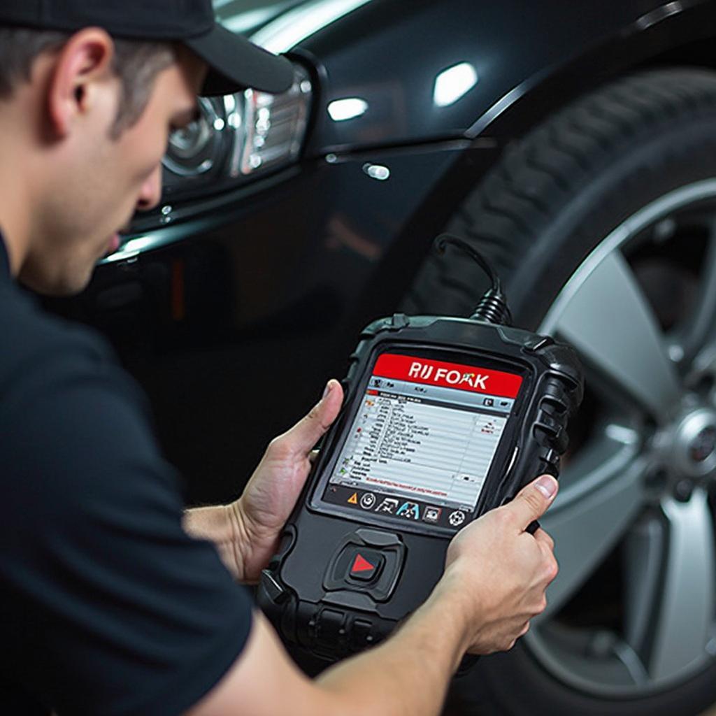 Mechanic Using OBD2 Code Reader to Diagnose Car Problem