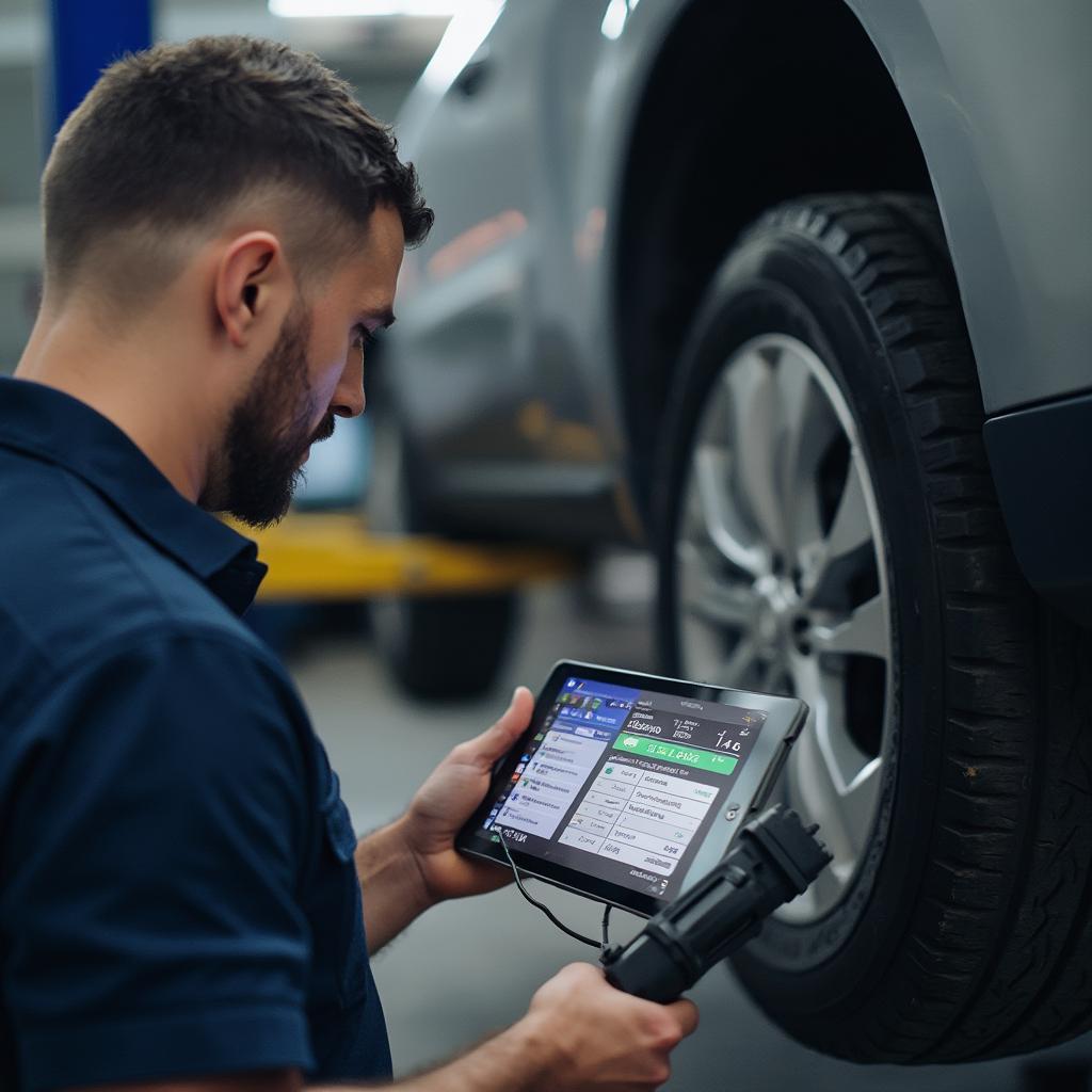 Mechanic diagnosing a car using OBD2 data logging software