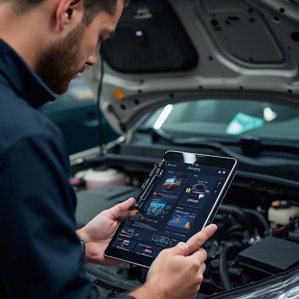 A mechanic uses an OBD2 device and an Android tablet to diagnose a car.