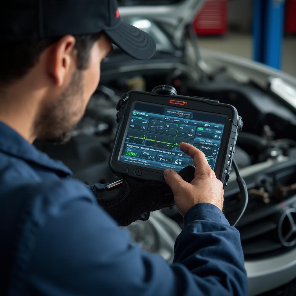 Mechanic Using an OBD2 Diagnostic Tool in a Garage