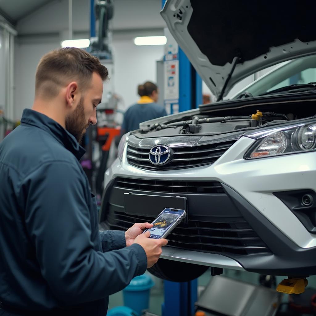 A mechanic using an OBD2 flat reader to diagnose a car in a professional workshop.