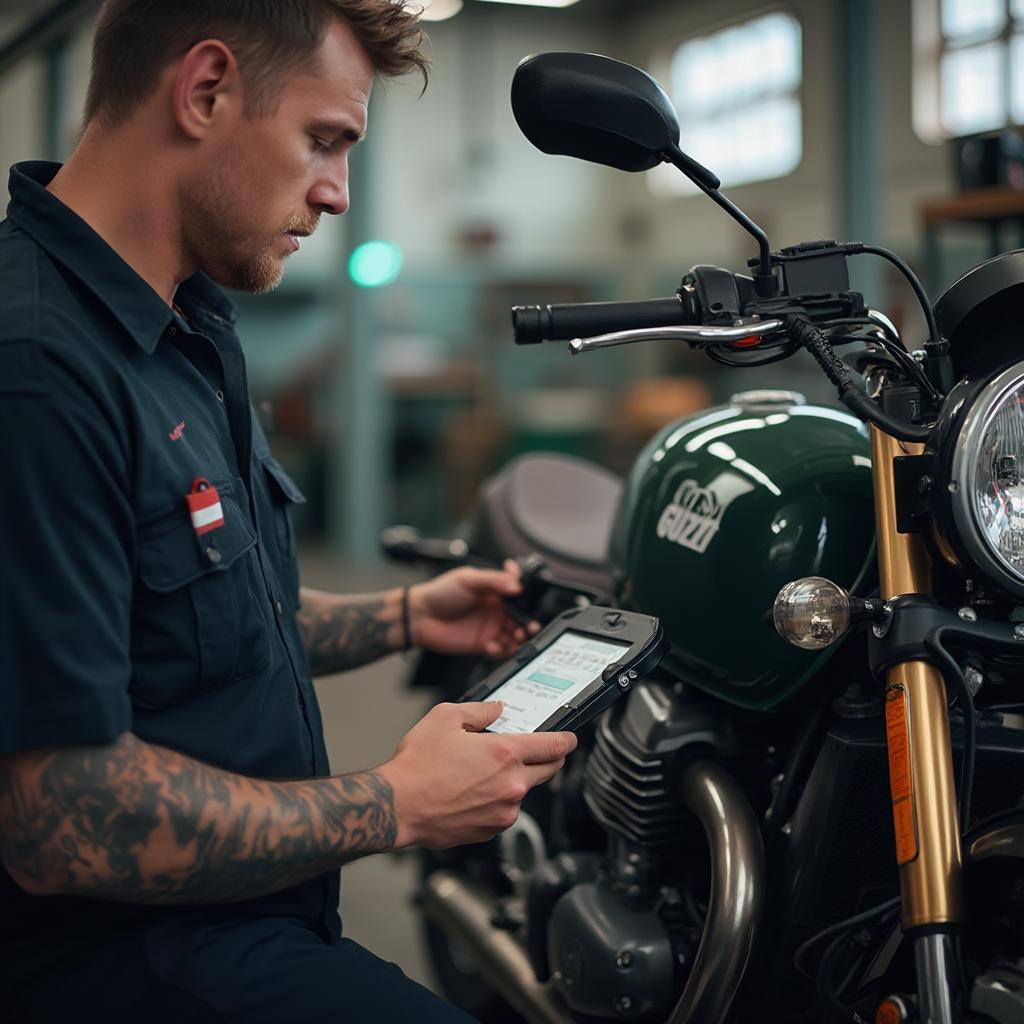 Mechanic Using OBD2 Guzzi Adaptor for Diagnosis