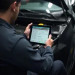 Mechanic Using OBD2 iOS App to Diagnose Car Problem