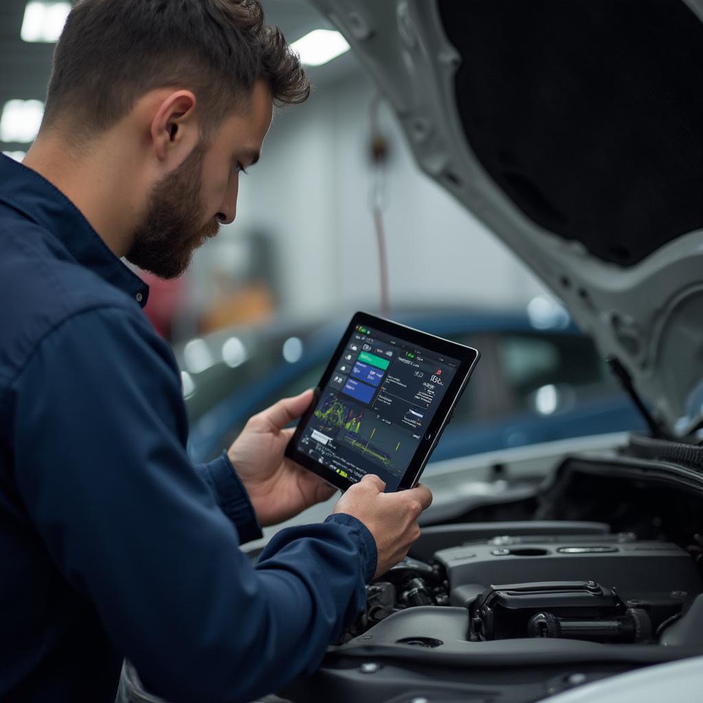 Mechanic Using OBD2 läsare Bluetooth