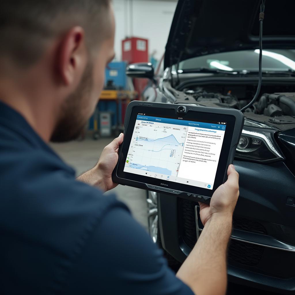 Mechanic Using OBD2 LTE Modem for Diagnostics