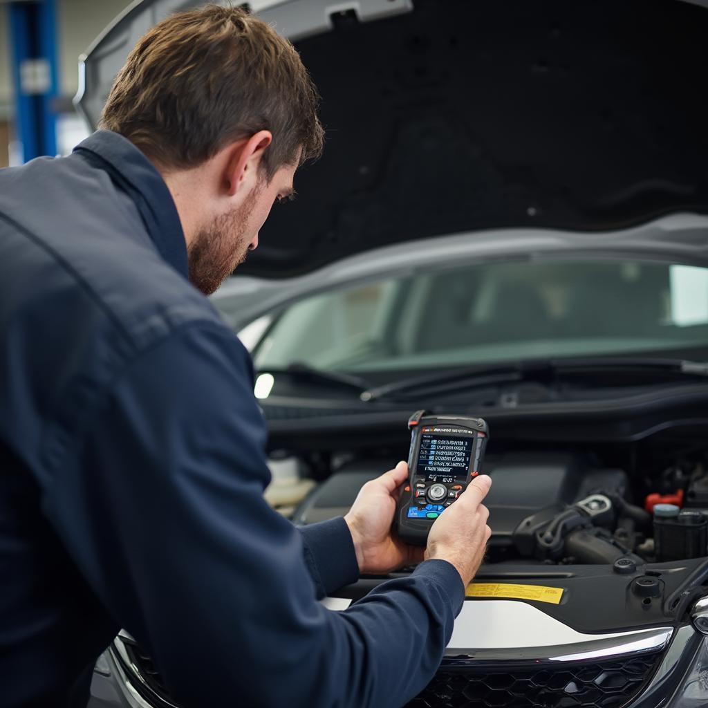 Mechanic Using OBD2 Manometro for Diagnostics