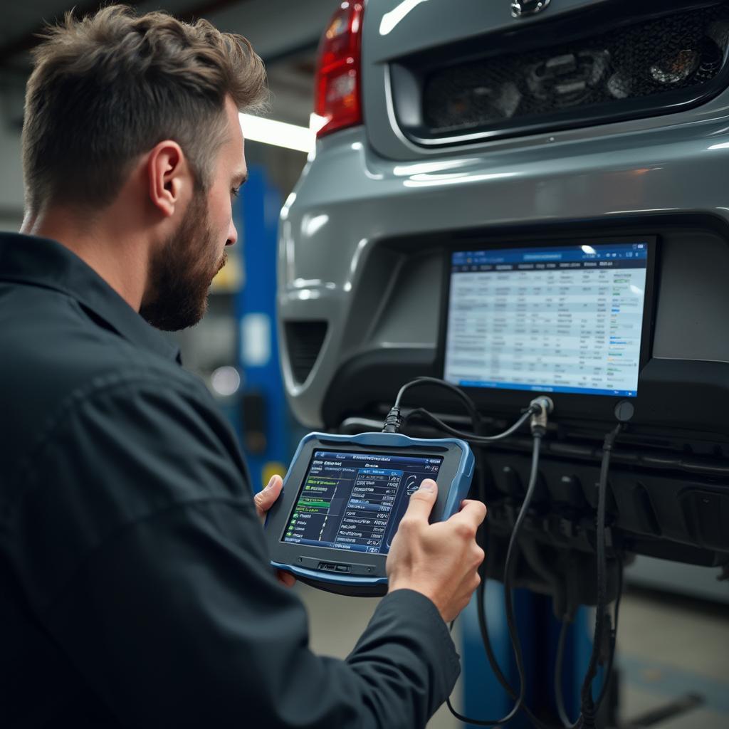 Mechanic Using an OBD2 Programming Tool in a Workshop