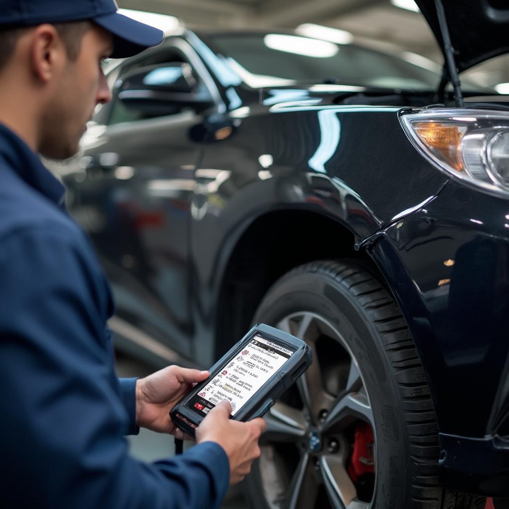 Mechanic Using OBD2 Reader for ABS Diagnosis