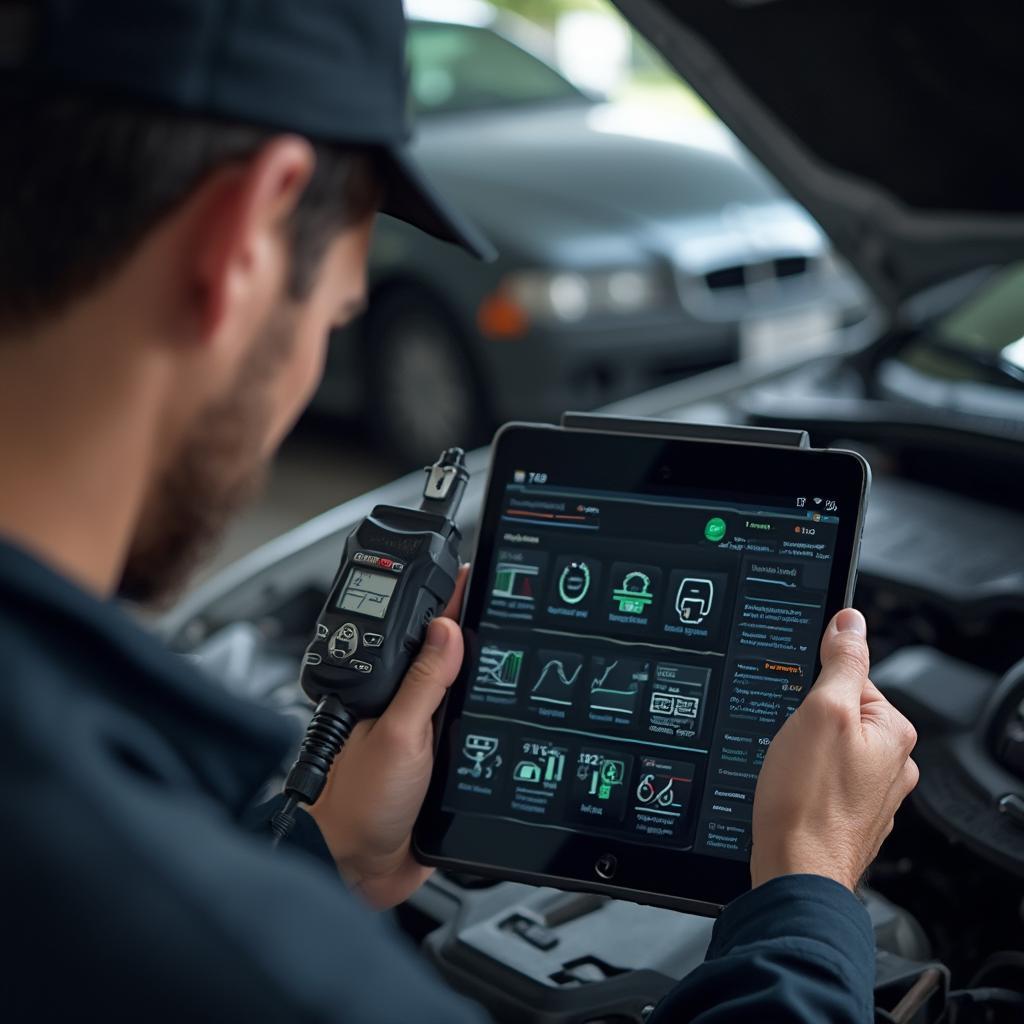 Mechanic Using an OBD2 Reader and Tablet to Diagnose Car Problems