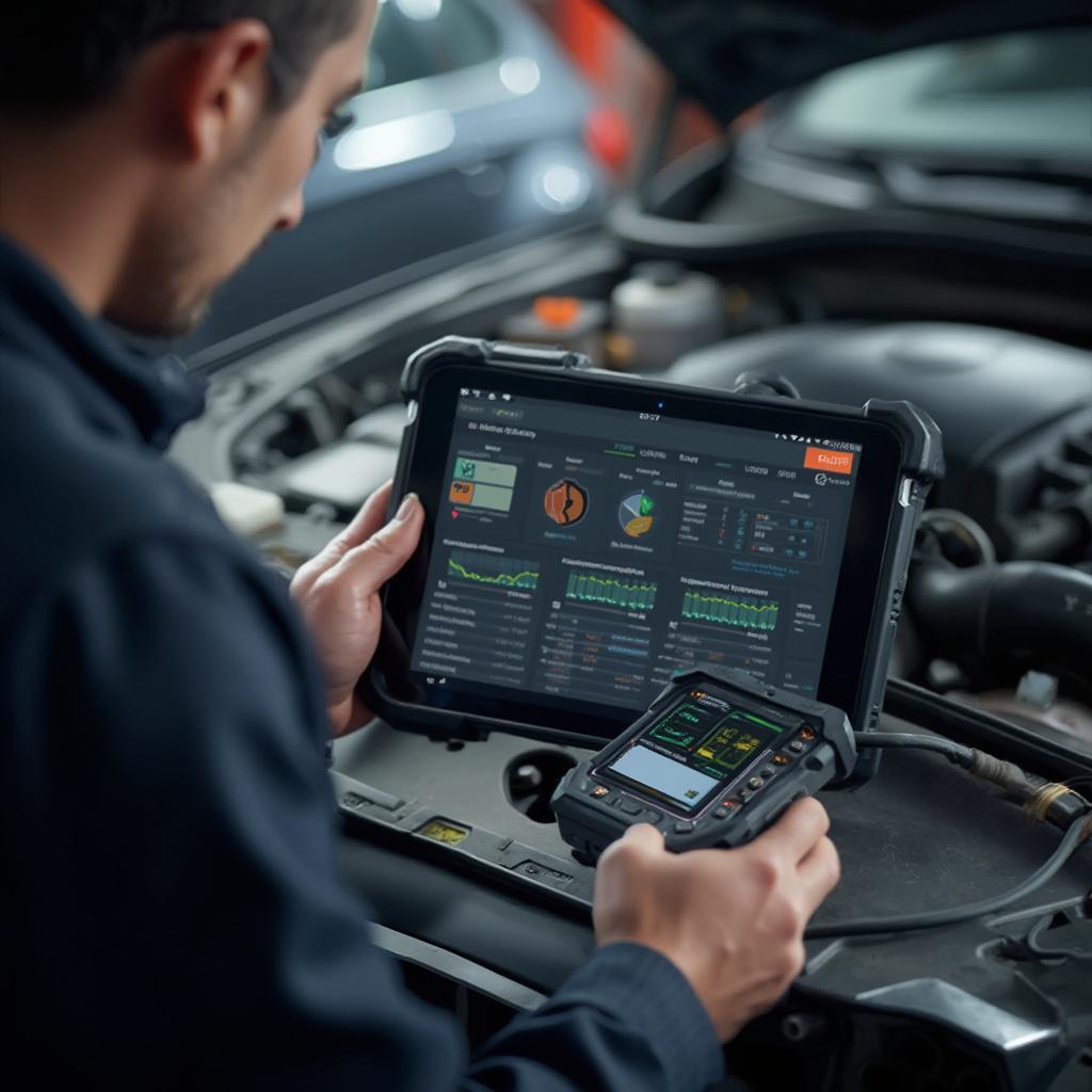 Mechanic Using an OBD2 Reader and Tablet